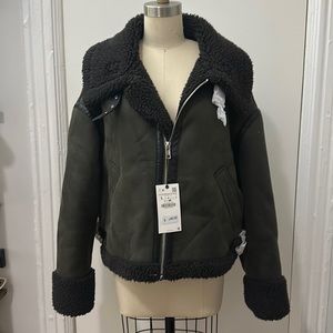 Zara Suede-like Shearling Coat in Dark Green